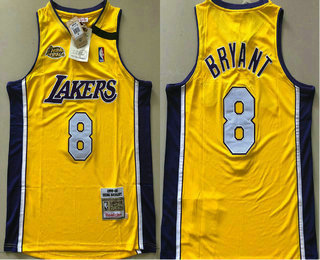 Men's Los Angeles Lakers #8 Kobe Bryant Yellow Champion Patch 1999-00 Hardwood Classics Soul AU Throwback Jersey