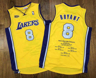 Men's Los Angeles Lakers #8 Kobe Bryant Yellow Champion Patch 1999-2000 Hardwood Classics Soul AU Throwback Jersey