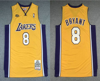 Men's Los Angeles Lakers #8 Kobe Bryant Yellow Finals Patch 2000-01 Hardwood Classics Soul Swingman Throwback Jersey