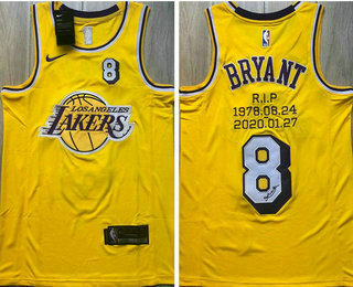 Men's Los Angeles Lakers #8 Kobe Bryant Yellow R.I.P Signed AU Jerseys