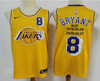 Men's Los Angeles Lakers #8 Kobe Bryant Yellow R.I.P Signed Hardwood Classics Soul Swingman Throwback Jersey