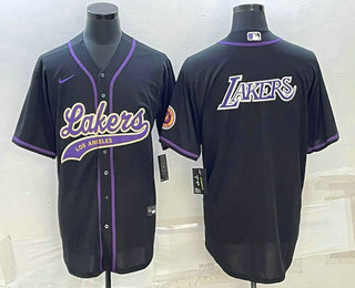 Men's Los Angeles Lakers Black Big Logo Cool Base Stitched Baseball Jersey 02