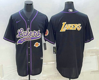 Men's Los Angeles Lakers Black Big Logo With Patch Cool Base Stitched Baseball Jersey