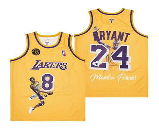 Men's Los Angeles Lakers Front #8 Back #24 Kobe Bryant Yellow With KB Patch Fashion Jersey