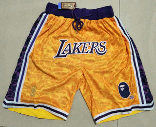 Men's Los Angeles Lakers Mitchell & Ness x BAPE Yellow Swingman Shorts