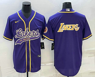 Men's Los Angeles Lakers Purple Big Logo Cool Base Stitched Baseball Jersey