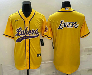 Men's Los Angeles Lakers Yellow Big Logo Cool Base Stitched Baseball Jersey