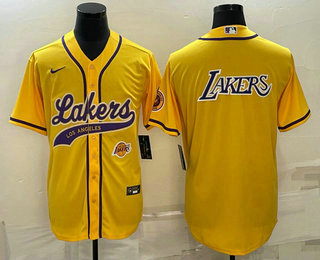 Men's Los Angeles Lakers Yellow Big Logo With Patch Cool Base Stitched Baseball Jersey