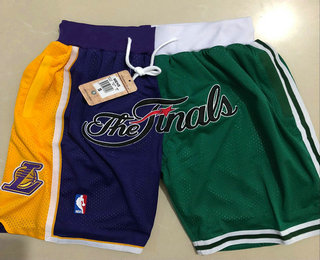 Men's Los Angeles Lakers and Boston Celtics Purle With Green 2008 The Finals Patch Split Just Don Shorts