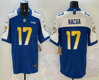 Men's Los Angeles Rams #17 Puka Nacua Blue Limited Thanksgiving FUSE Vapor Jersey