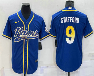 Men's Los Angeles Rams #9 Matthew Stafford Royal With Patch Cool Base Stitched Baseball Jersey