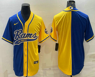 Men's Los Angeles Rams Blank Royal Yellow Split With Patch Cool Base Stitched Baseball Jersey