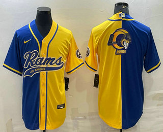 Men's Los Angeles Rams Royal Yellow Split Team Big Logo With Patch Cool Base Stitched Baseball Jersey