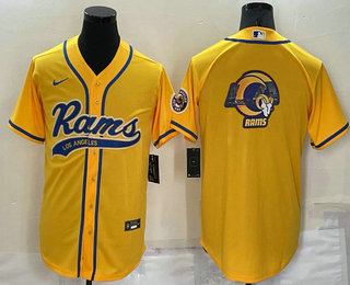 Men's Los Angeles Rams Yellow Team Big Logo With Patch Cool Base Stitched Baseball Jersey