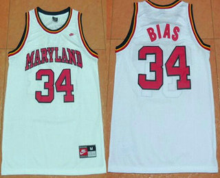 Men's Maryland Terps University #34 Len Bias White 1985 Throwback Basketball Jersey