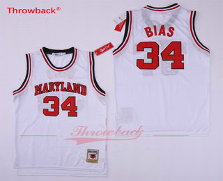 Men's Maryland Terps University #34 Len Bias White 1985 Throwback Basketball Jersey