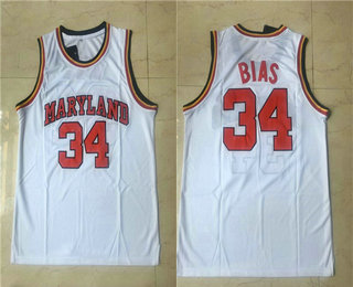 Men's Maryland Terps University #34 Len Bias White College Basketball Jersey