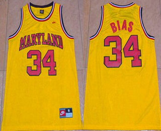 Men's Maryland Terps University #34 Len Bias Yellow 1985 Throwback Basketball Jersey