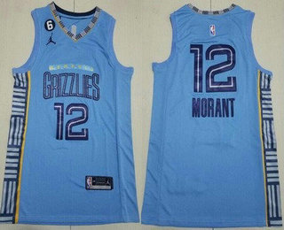 Men's Memphis Grizzlies #12 Ja Morant Light Blue 2022 Statement 6 Patch Icon Swingman Jersey