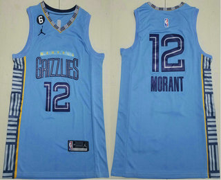 Men's Memphis Grizzlies #12 Ja Morant Light Blue 2022 Statement 6 Patch Icon Swingman Jersey