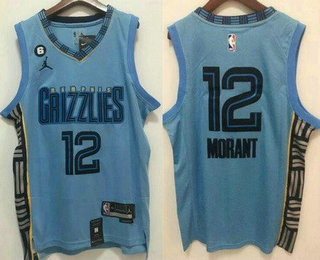 Men's Memphis Grizzlies #12 Ja Morant Light Blue Statement 6 Patch Icon Swingman Jersey