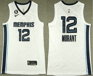 Men's Memphis Grizzlies #12 Ja Morant White With 6 Patch 2022 Nike Stitched Jersey With Sponsor