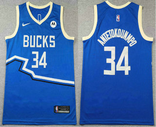 Men's Men's Milwaukee Bucks #34 Giannis Antetokounmp Blue 2024 City Edition Sponsor Stitched Jersey