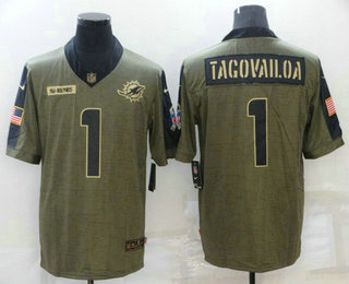 Men's Miami Dolphins #1 Tua Tagovailoa 2021 Olive Salute To Service Limited Stitched Jersey