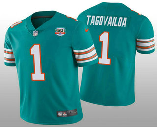 Men's Miami Dolphins #1 Tua Tagovailoa 2022 Aqua With 50th Perfect Season Patch Limited Stitched Jersey 01