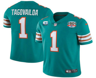 Men's Miami Dolphins #1 Tua Tagovailoa 2022 Aqua With 50th Perfect Season Patch Limited Stitched Jersey 03