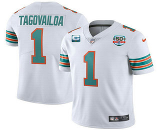 Men's Miami Dolphins #1 Tua Tagovailoa 2022 White With 50th Perfect Season Patch Limited Stitched Jersey 01