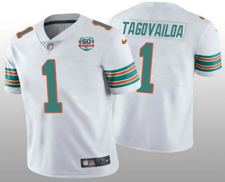 Men's Miami Dolphins #1 Tua Tagovailoa 2022 White With 50th Perfect Season Patch Limited Stitched Jersey 02