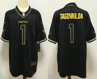 Men's Miami Dolphins #1 Tua Tagovailoa Black 100th Season Golden Edition Jersey