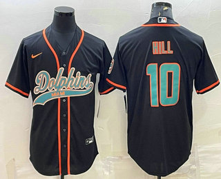 Men's Miami Dolphins #10 Tyreek Hill Black With Patch Cool Base Stitched Baseball Jersey