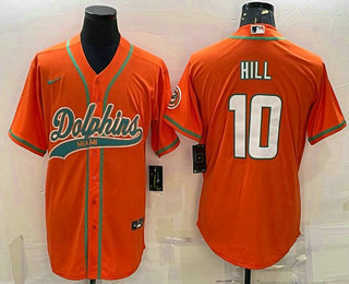 Men's Miami Dolphins #10 Tyreek Hill Orange With Patch Cool Base Stitched Baseball Jersey