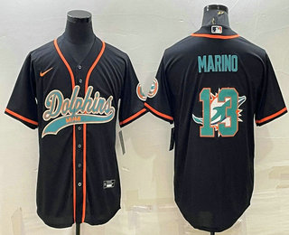 Men's Miami Dolphins #13 Dan Marino Black Team Big Logo With Patch Cool Base Stitched Baseball Jersey