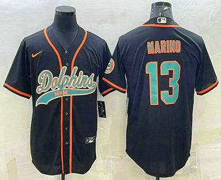 Men's Miami Dolphins #13 Dan Marino Black With Patch Cool Base Stitched Baseball Jersey