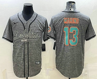 Men's Miami Dolphins #13 Dan Marino Grey Gridiron With Patch Cool Base Stitched Baseball Jersey