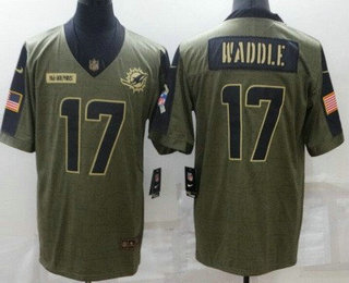 Men's Miami Dolphins #17 Jaylen Waddle Limited Olive 2021 Salute To Service Jersey