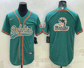 Men's Miami Dolphins Aqua Team Big Logo With Patch Cool Base Stitched Baseball Jersey