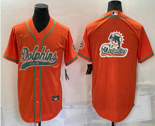 Men's Miami Dolphins Orange Team Big Logo With Patch Cool Base Stitched Baseball Jersey