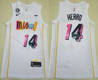 Men's Miami Heat #14 Tyler Herro White 2022 City 6 Patch Icon Sponsor Swingman Jersey