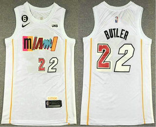 Men's Miami Heat #22 Jimmy Butler White 2022 City 6 Patch Icon Sponsor Swingman Jersey