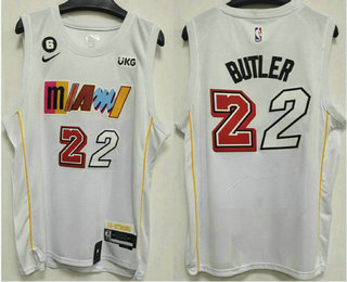 Men's Miami Heat #22 Jimmy Butler White 6 Patch Classic 2022 Icon Swingman Jersey