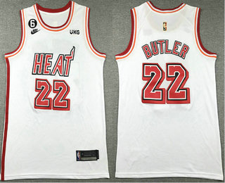 Men's Miami Heat #22 Jimmy Butler White Classic 6 Patch Icon Sponsor Swingman Jersey