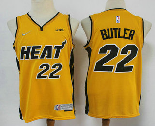 Men's Miami Heat #22 Jimmy Butler Yellow Nike Swingman 2021 Earned Edition Stitched Jersey With NEW Sponsor Logo