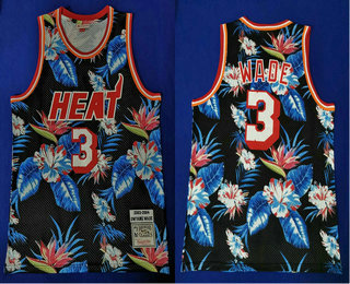 Men's Miami Heat #3 Dwyane Wade 2003-04 Ness Floral Fashion Hardwood Classics Soul Swingman Throwback Jersey