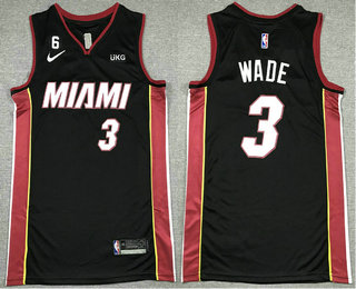 Men's Miami Heat #3 Dwyane Wade Black 6 Patch Sponsor Icon Swingman Jersey