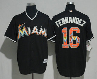 Men's Miami Marlins #16 Jose Fernandez Black Team Logo Ornamented Stitched MLB Majestic Cool Base Jersey