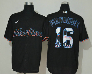 Men's Miami Marlins #16 Jose Fernandez Black Team Logo Stitched MLB Cool Base Nike Jersey